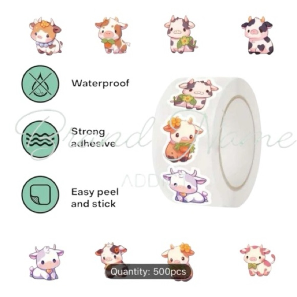 PRICE IS FIRM - Roll of 500 Baby Cow Small Stickers - 10 Different Designs - Picture 2 of 3